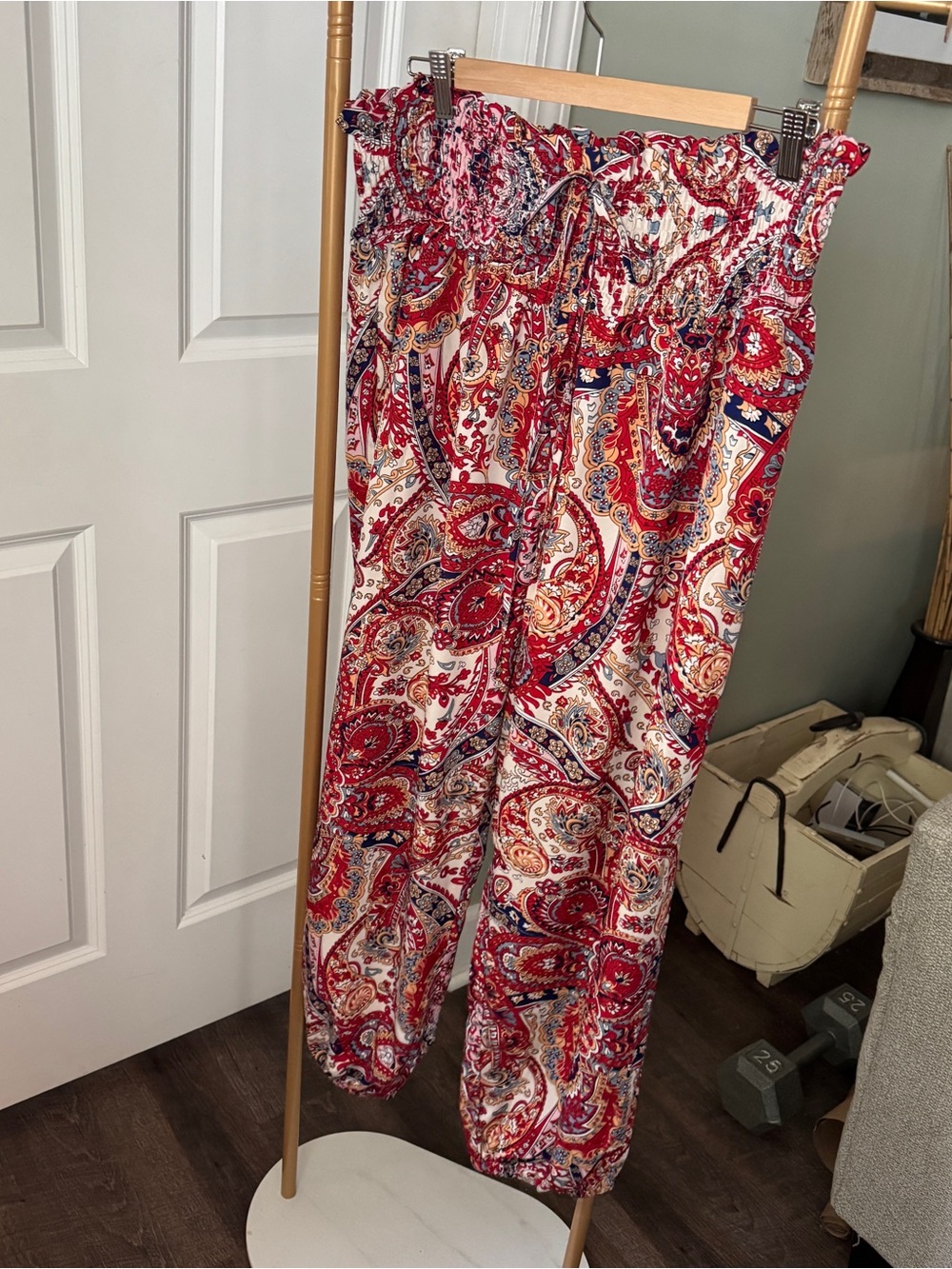 Women's Red Paisley Paperbag Waist Joggers